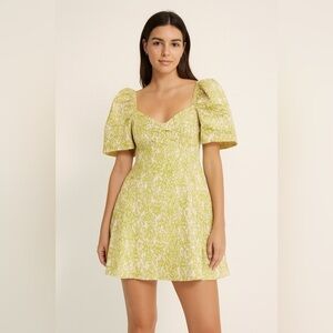 Tanya Taylor green floral mini dress flutter sleeve vneck